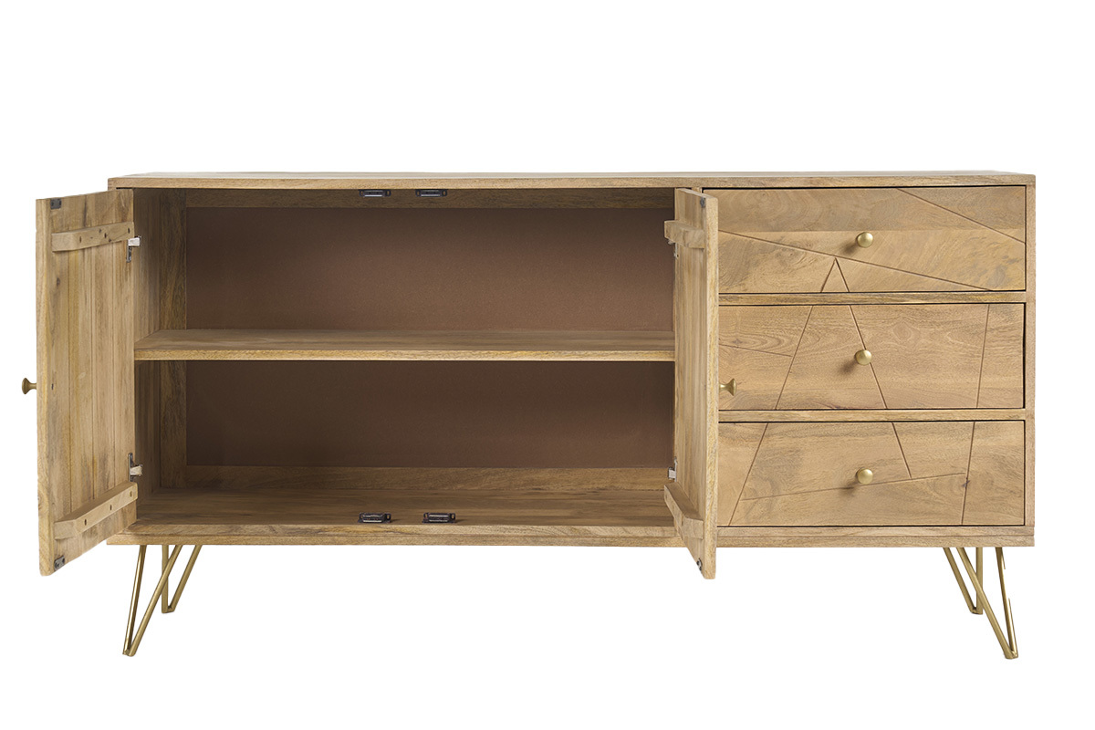 Mangoholzbuffet mit 2 offenen T�ren und 3 Schubladen, goldene Metallf��e, Frontansicht.