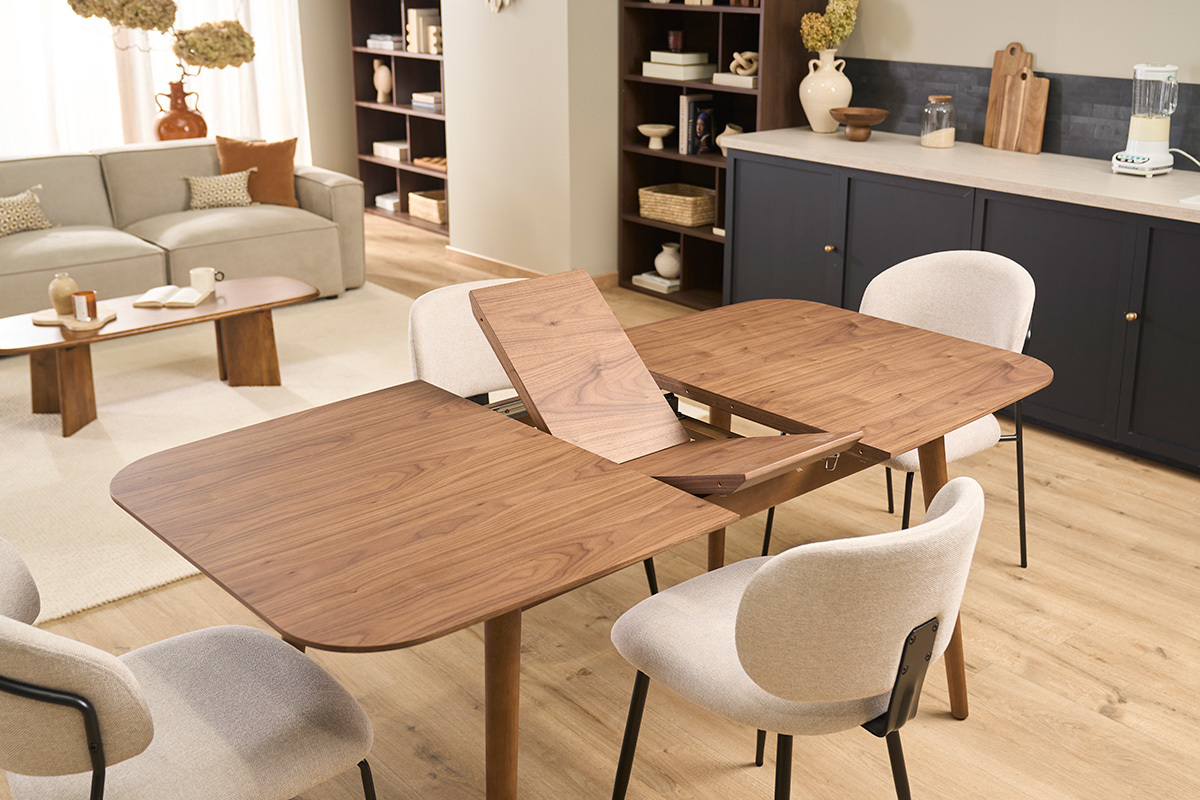 Ausziehbarer Esstisch mit integrierten Verl�ngerungen rechteckig in dunklem Nussholz L140-170 cm ANK