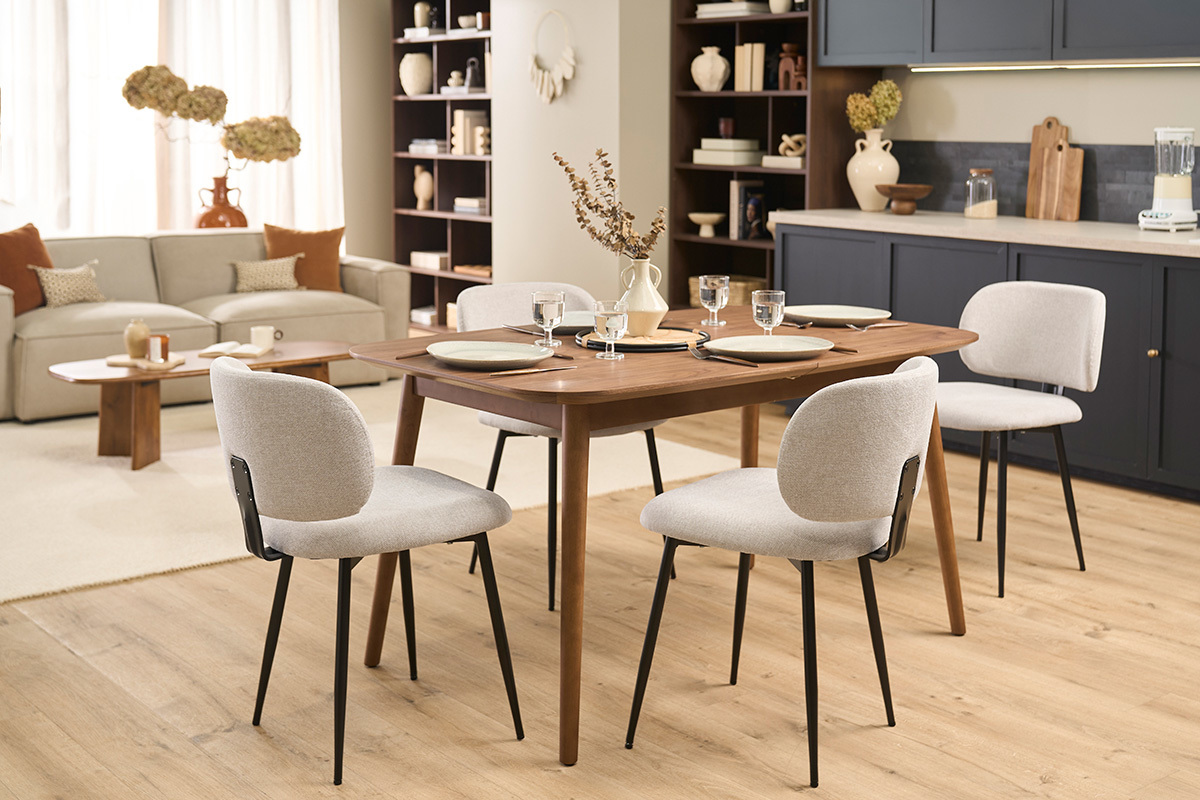 Ausziehbarer Esstisch mit integrierten Verl�ngerungen rechteckig in dunklem Nussholz L140-170 cm ANK