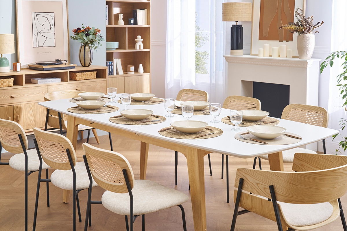 Ausziehbarer Esstisch rechteckig aus hellem Eichenholz und weiem Holz mit integrierten Verlngerungen L180-230 cm FIFTIES