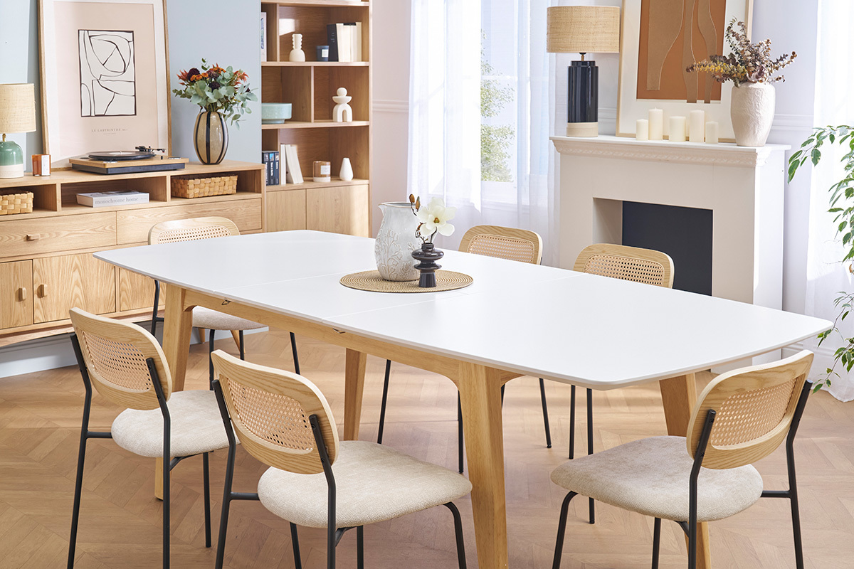 Ausziehbarer Esstisch rechteckig aus hellem Eichenholz und weiem Holz mit integrierten Verlngerungen L180-230 cm FIFTIES
