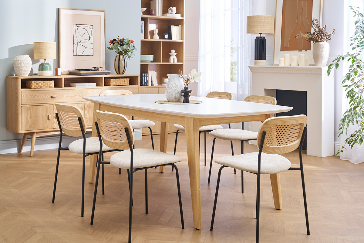 Ausziehbarer Esstisch rechteckig aus hellem Eichenholz und weiem Holz mit integrierten Verlngerungen L180-230 cm FIFTIES