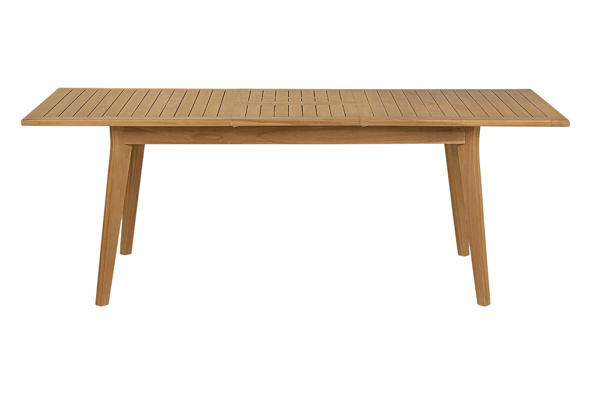 Ausziehbarer Gartentisch aus massivem Teakholz, Frontansicht, Ma�e L160-210 x T90 x H75 cm.