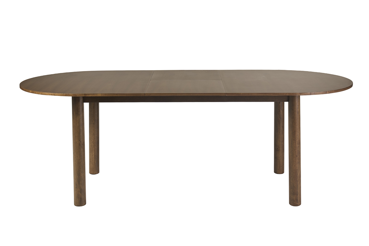 Ausziehbarer ovaler Esstisch aus dunklem Nussbaumholz, Vorderansicht, L�nge L180-230 cm.