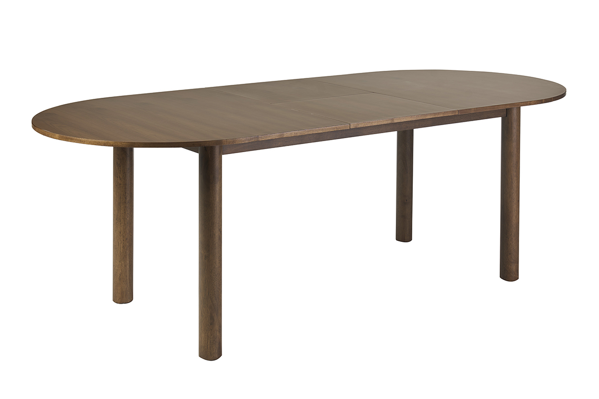 Ausziehbarer ovaler Tisch aus dunklem Nussbaumholz, 3/4-Ansicht, Ma�e L180-230 cm.