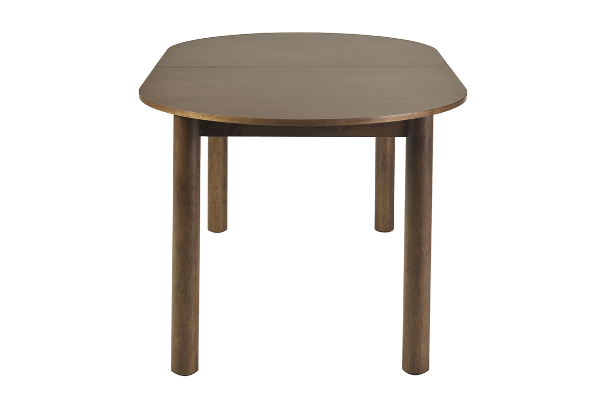 Ausziehbarer ovaler Tisch aus dunklem Walnussholz, Seitenansicht, Ma�e L180-230 cm.