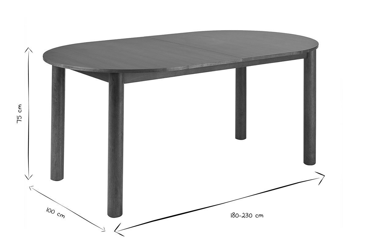 Abmessungen des ausziehbaren ovalen Tisches aus dunklem Holz, L180-230 cm, T100 cm, H75 cm