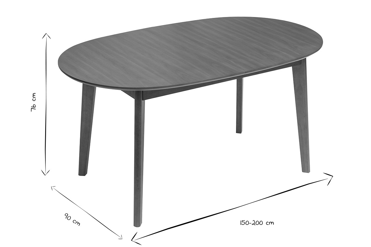 Abmessungen des ausziehbaren ovalen Esstischs, L150-200 cm, H76 cm, T90 cm, in Schwarz und Wei�.