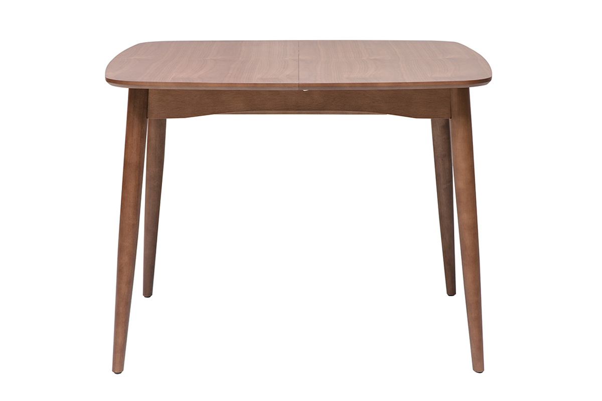 Quadratischer dunkler Walnussholz-Esstisch, Vorderansicht, Beine aus massivem Kautschukholz.