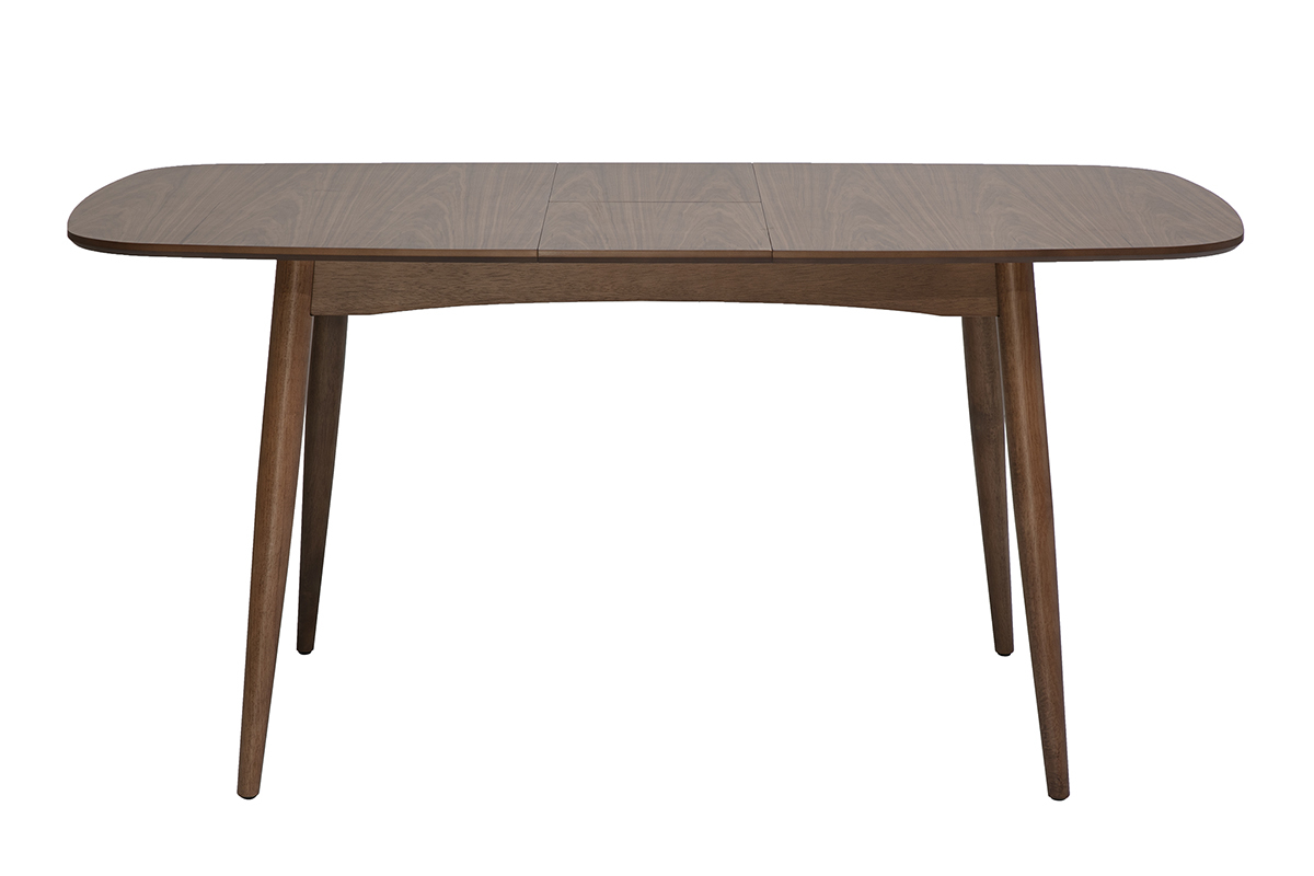 Ausziehbarer Esstisch aus dunklem Nussbaumholz, Vorderansicht, Ma�e L130-160 x T90 x H76 cm.