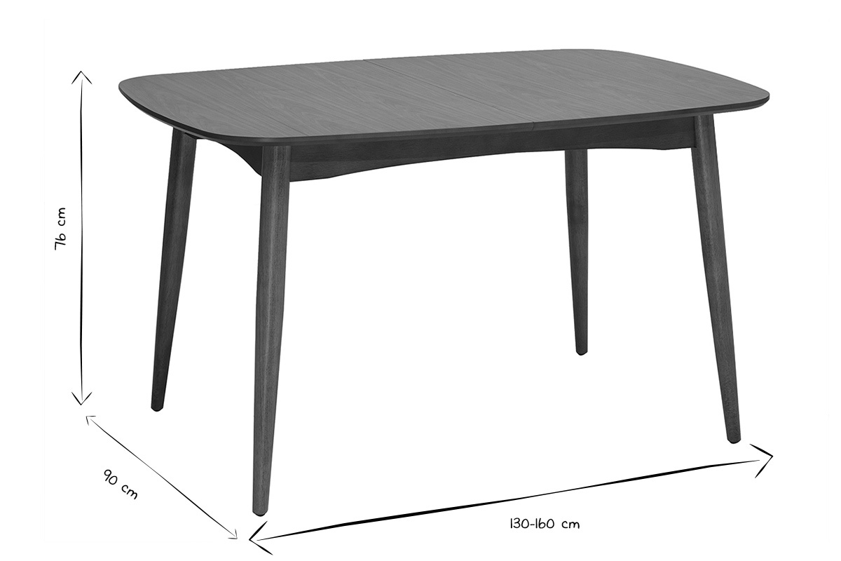 Ma�e des ausziehbaren rechteckigen Esstischs aus dunklem Holz, L130-160 x T90 x H76 cm, in Schwarz und Wei�.