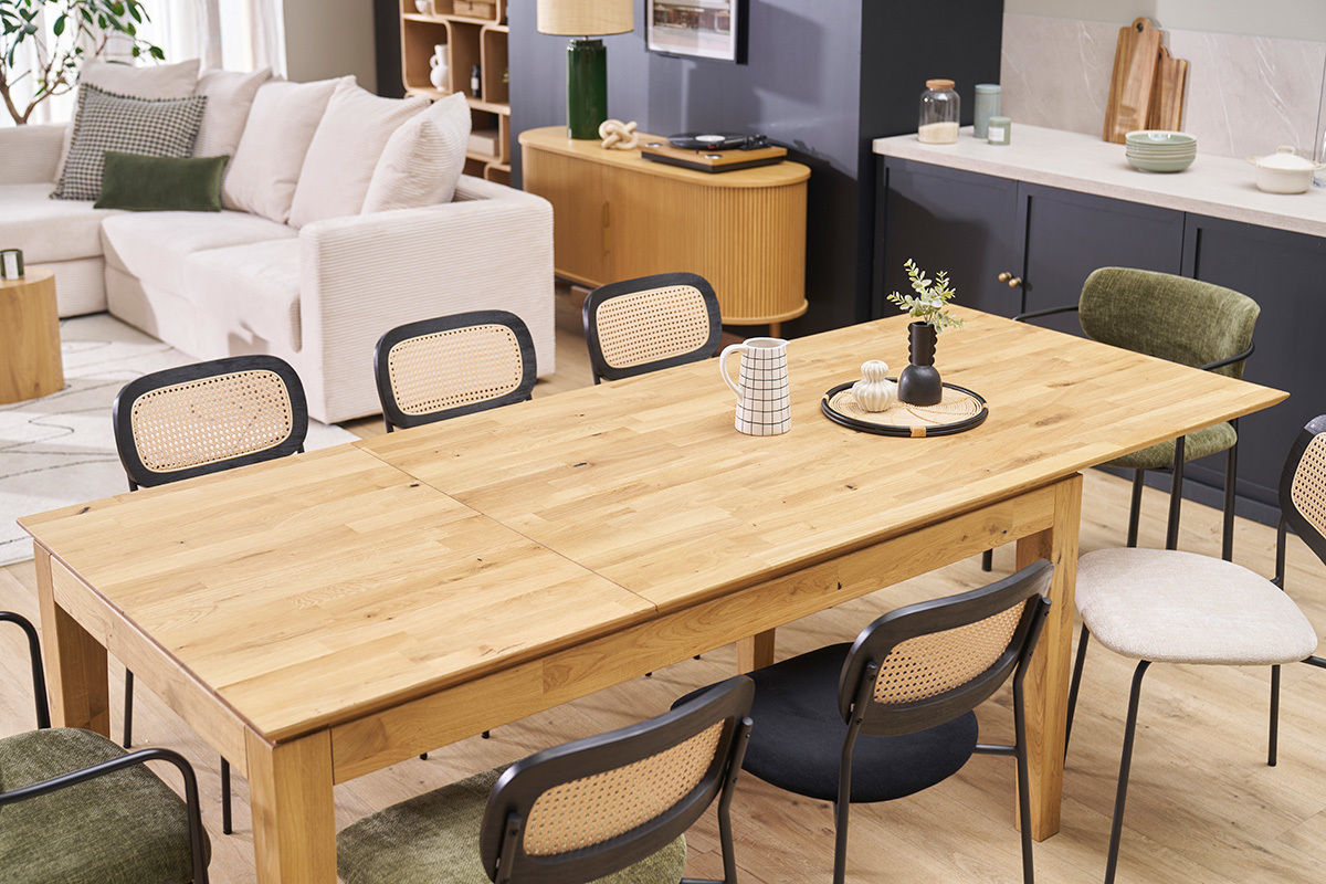 Ausziehbarer rechteckiger Esstisch aus hellem Eichenholz L160-220 cm YULIA