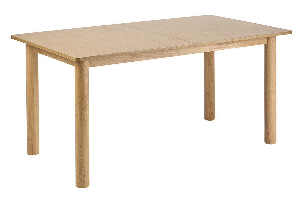 Ausziehbarer rechteckiger Esstisch aus hellem Holz, 3/4-Ansicht, Ma�e L160-210 cm.