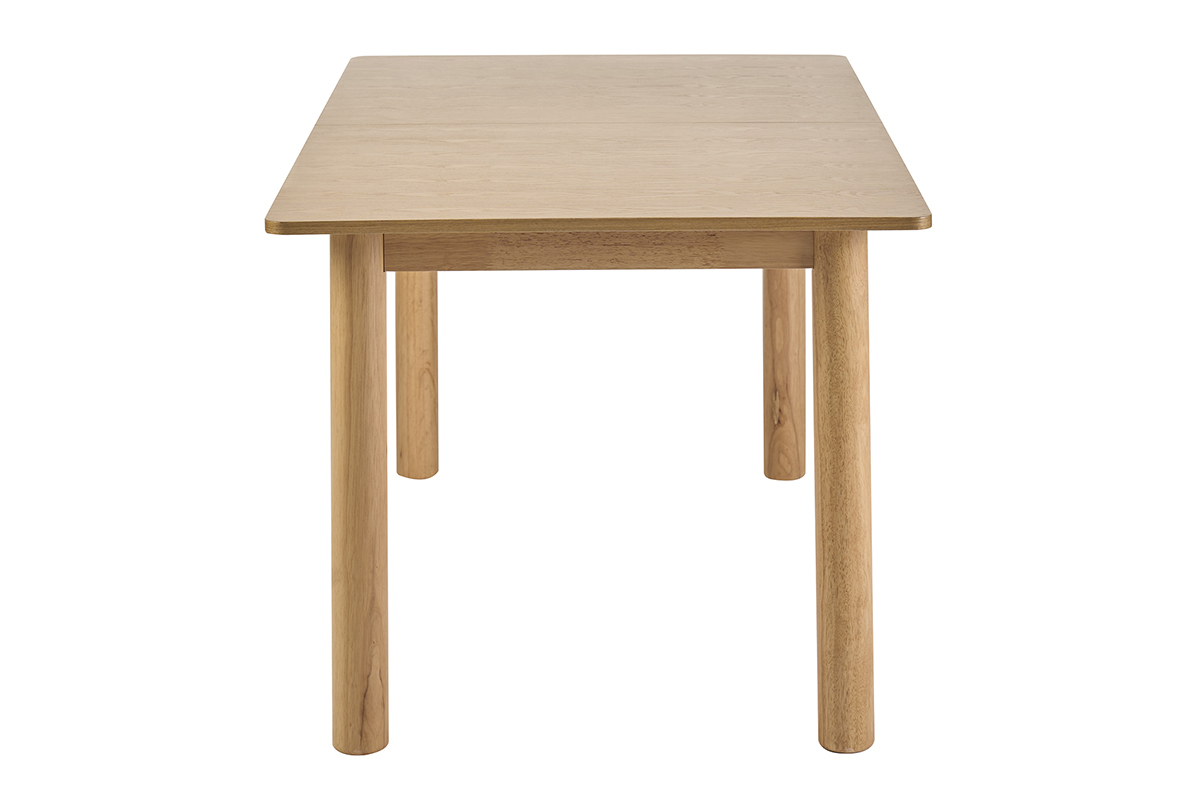 Ausziehbarer rechteckiger Esstisch aus hellem Holz, Seitenansicht.