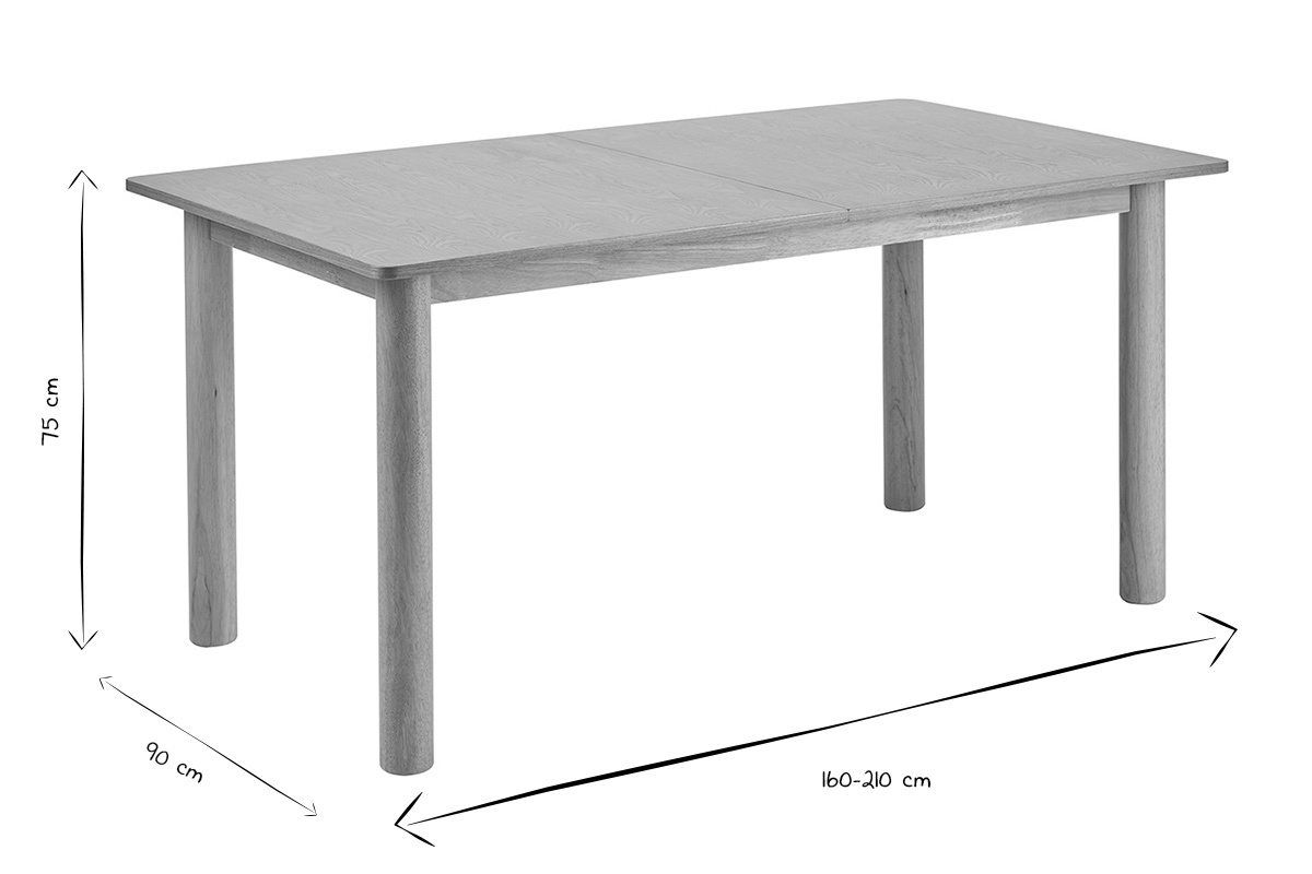 Abmessungen des ausziehbaren Esstischs in Schwarz und Wei�, L160-210 x B90 x H75 cm.
