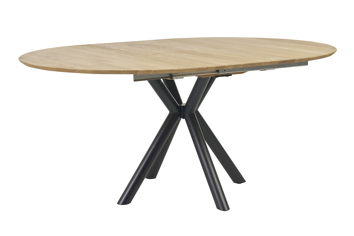 Runder, ausziehbarer Esstisch aus hellem Holz und Metall, Ansicht von 3/4.