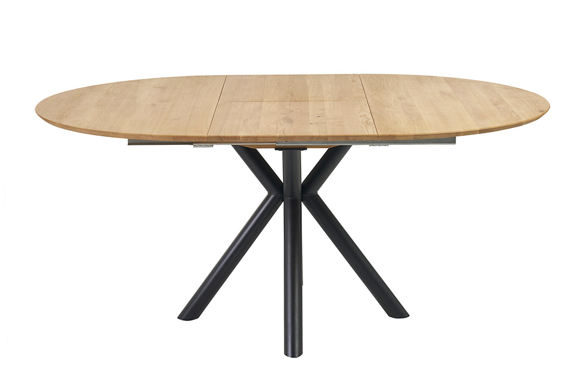 Runder ausziehbarer Esstisch aus massiver Eiche mit schwarzen Metallbeinen, Frontansicht.