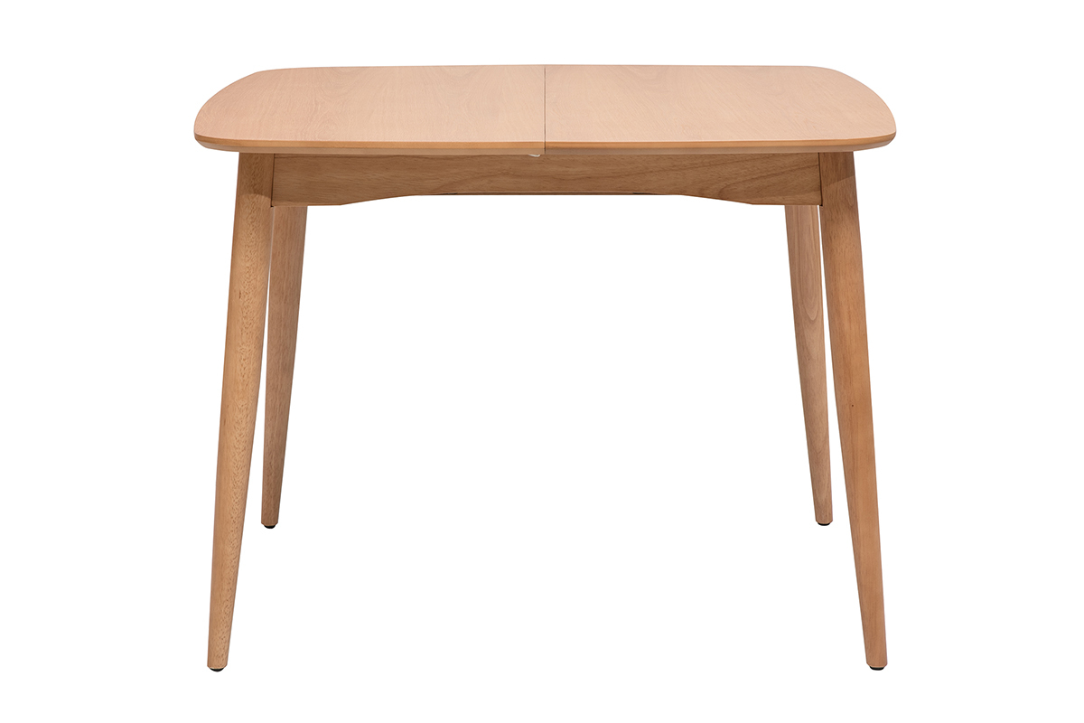 Ausziehbarer quadratischer Tisch aus hellem Eichenholz, Vorderansicht, Ma�e L100-140 cm.