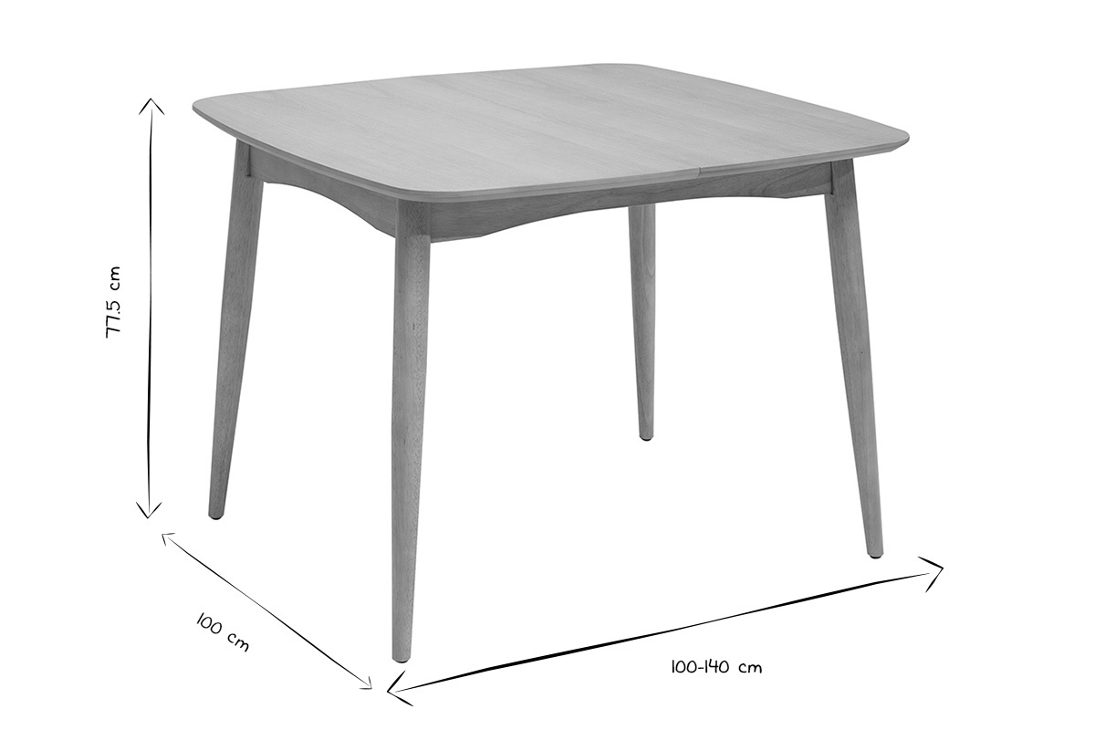 Abmessungen des ausziehbaren quadratischen Tisches HELMA in Schwarz und Wei�, B100-140 cm, H77,5 cm.