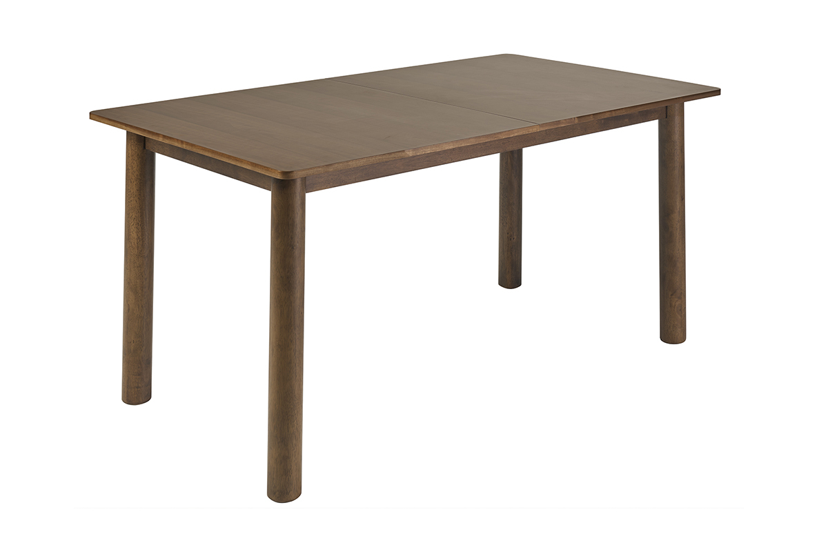 Ausziehbarer rechteckiger Tisch aus dunklem Holz, 3/4-Ansicht, Ma�e L160-210 cm, zylindrische Beine.
