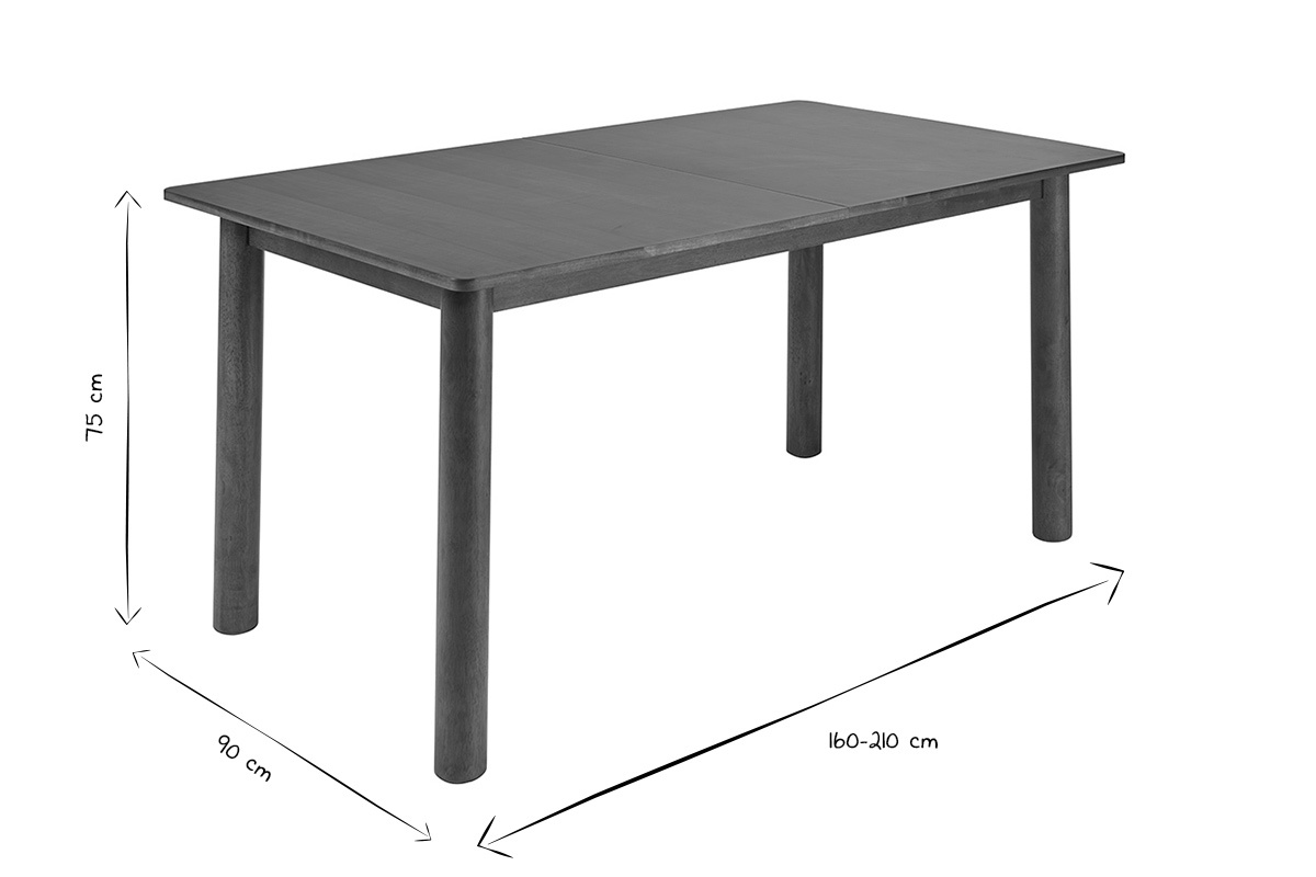 Abmessungen des ausziehbaren Tisches CLAUDIE in Schwarz und Wei�, 160-210 cm L, 90 cm B, 75 cm H