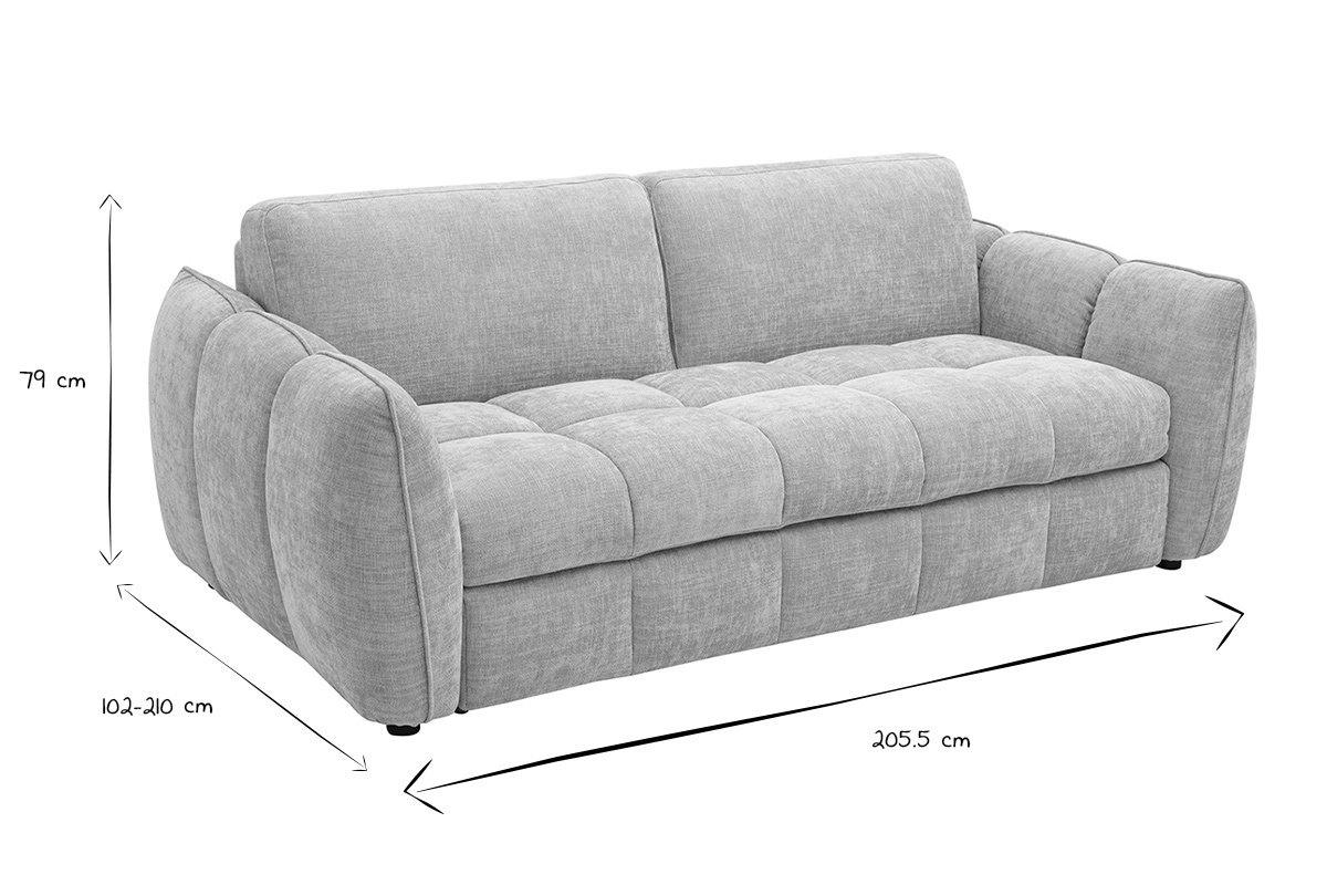 Abmessungen des 3-Sitzer-Schlafsofas: L205,5 x T102-210 x H79 cm, in Schwarz und Wei�.