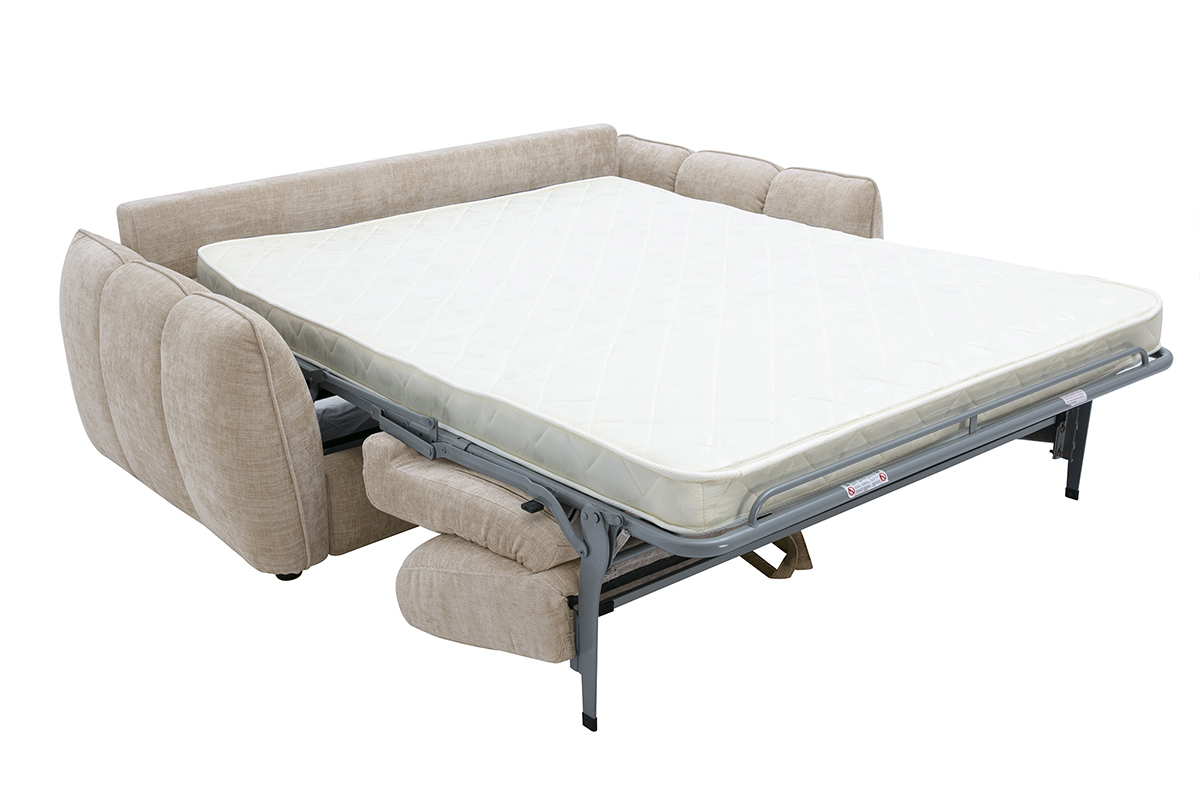 Design-Schlafsofa f�r 3 Personen in Taupe, ausgeklappt mit sichtbarer Matratze, Seitenansicht