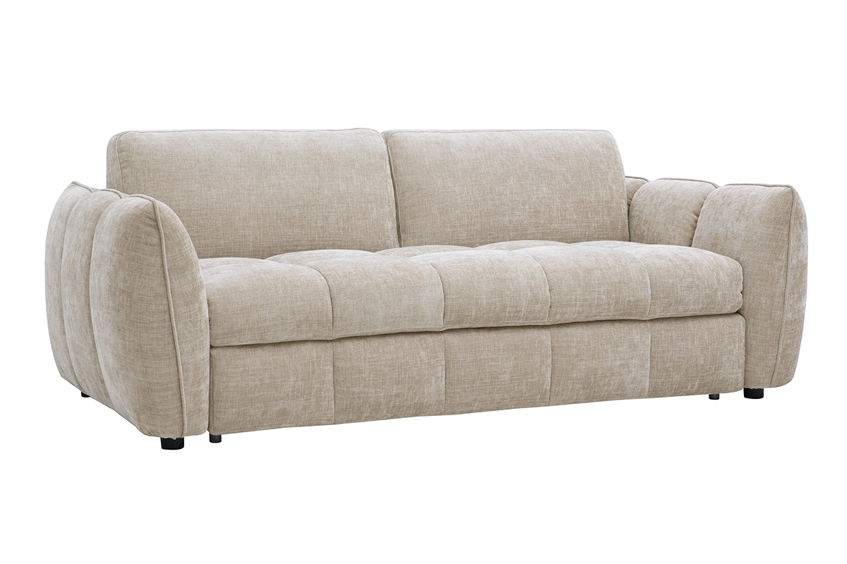 3-Sitzer-Schlafsofa aus Stoff in taupe mit strukturierter Samtoptik, 3/4-Ansicht.