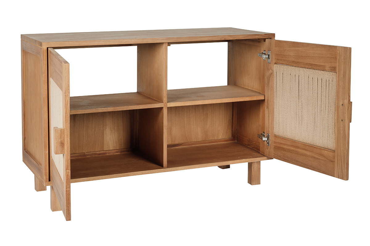 Badezimmerschrank aus massivem Teakholz und geflochtenem Seil, offen, mit Ablagef�chern.