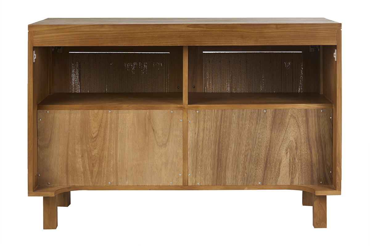 Badezimmerschrank aus massiver Teakholz und geflochtenem Seil, R�ckansicht, mit zwei Stauraumf�chern.