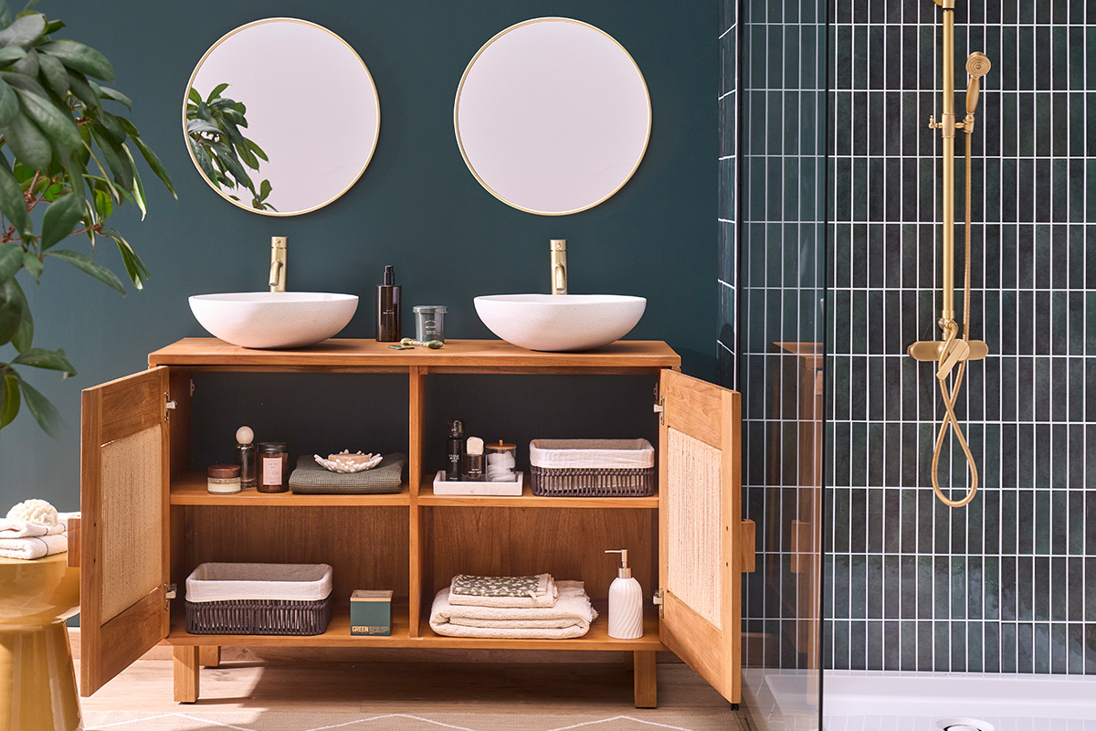 Badezimmerm�bel aus massivem Teakholz und geflochtenem Seil L120 cm MOSSA