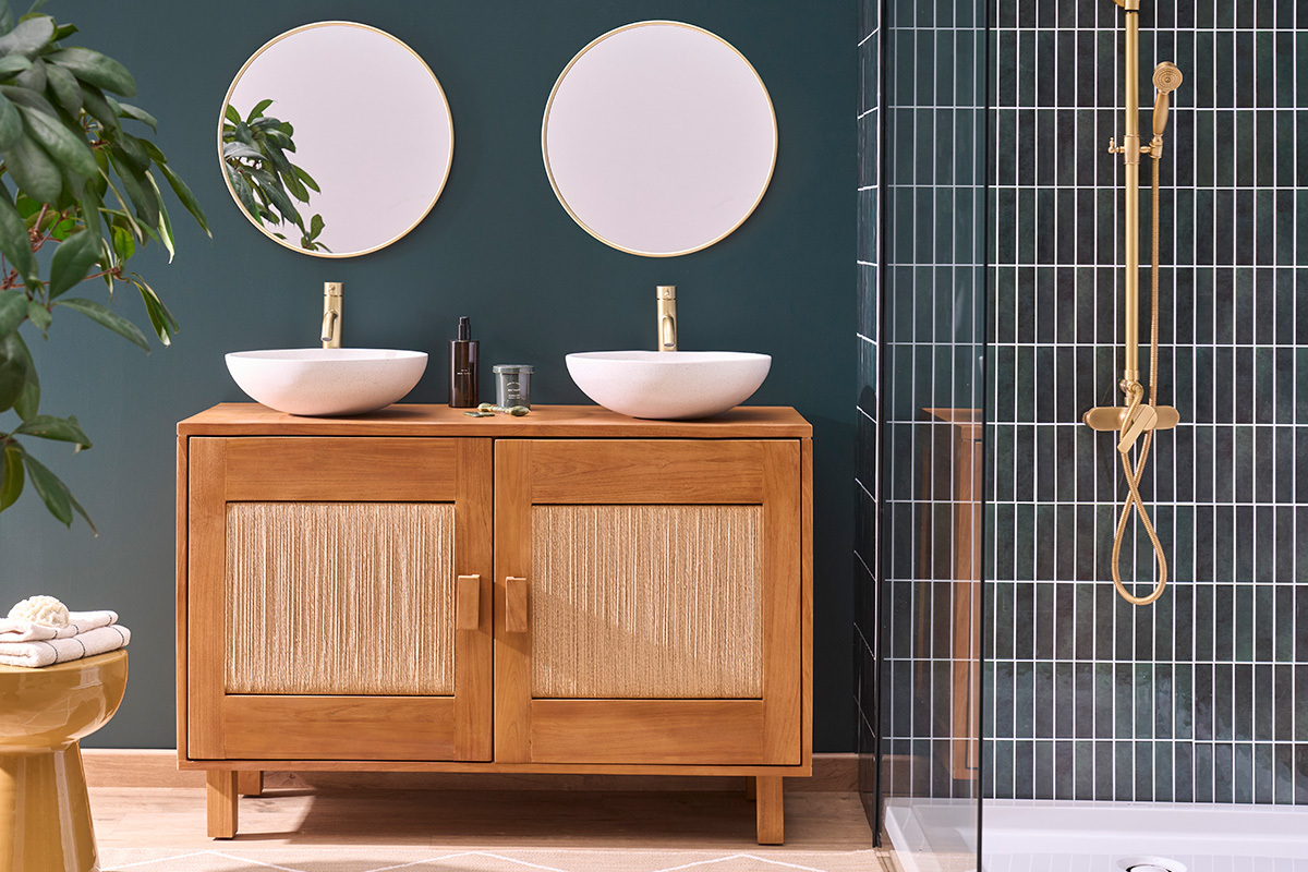 Badezimmerm�bel aus massivem Teakholz und geflochtenem Seil L120 cm MOSSA