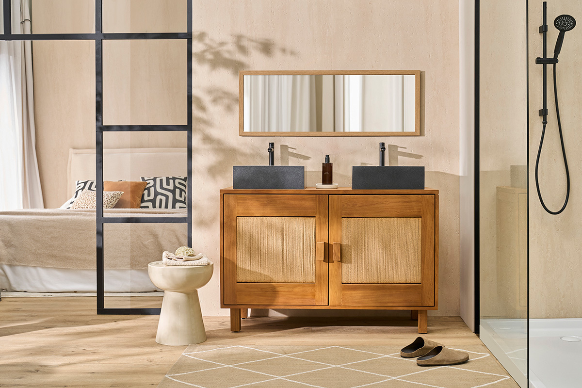 Badezimmerm�bel aus massivem Teakholz und geflochtenem Seil L120 cm MOSSA