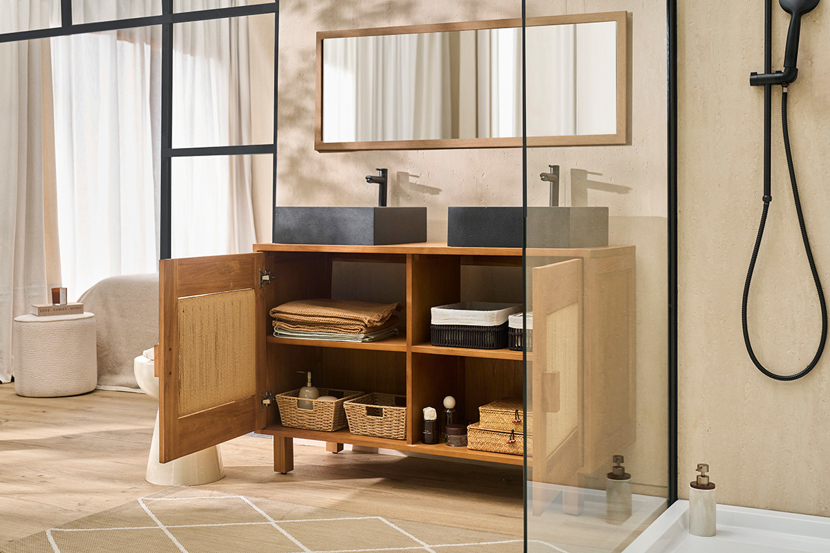 Badezimmerm�bel aus massivem Teakholz und geflochtenem Seil L120 cm MOSSA