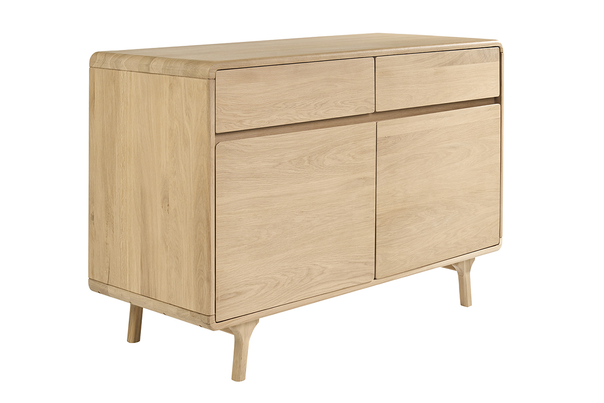 Badezimmerschrank aus massiver Eiche, 3/4-Ansicht, zwei Schubladen und zwei T�ren.