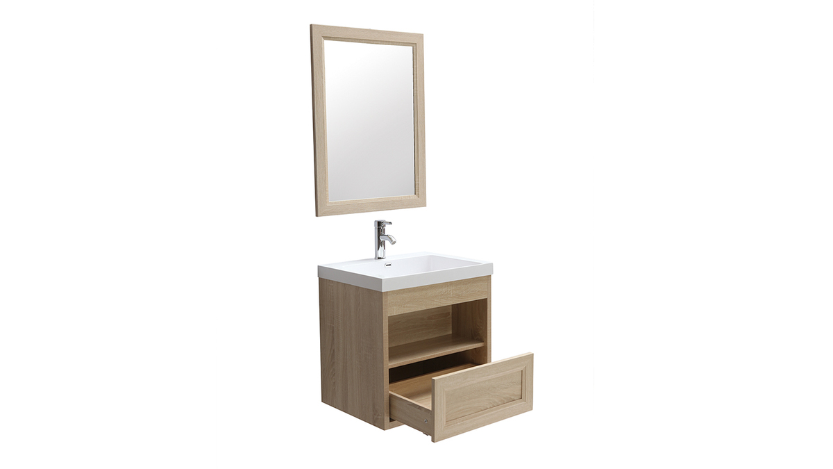 Badezimmermbel hngend mit Waschbecken, Spiegel und Stauraum Holz RIVER