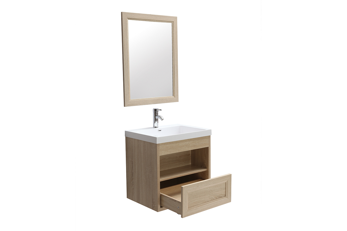 Badezimmerm�bel h�ngend mit Waschbecken, Spiegel und Stauraum Holz RIVER