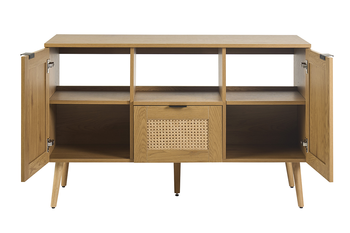 Badezimmerm�bel MANILLE aus hellem Holz mit Schublade mit Rattan-Geflecht, Vorderansicht mit ge�ffneten T�ren.