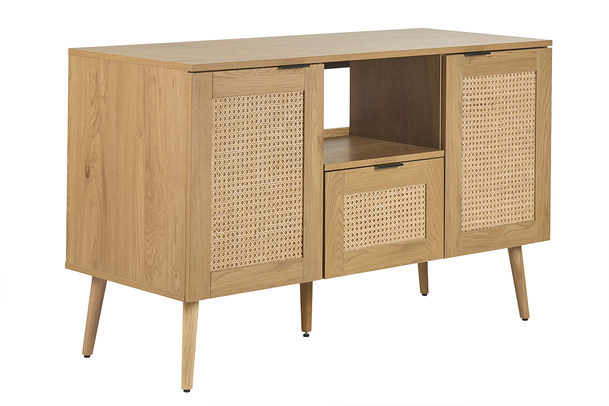 Helles Badezimmerm�bel aus Holz mit Rattan-Geflecht und Schublade, in Dreiviertelansicht