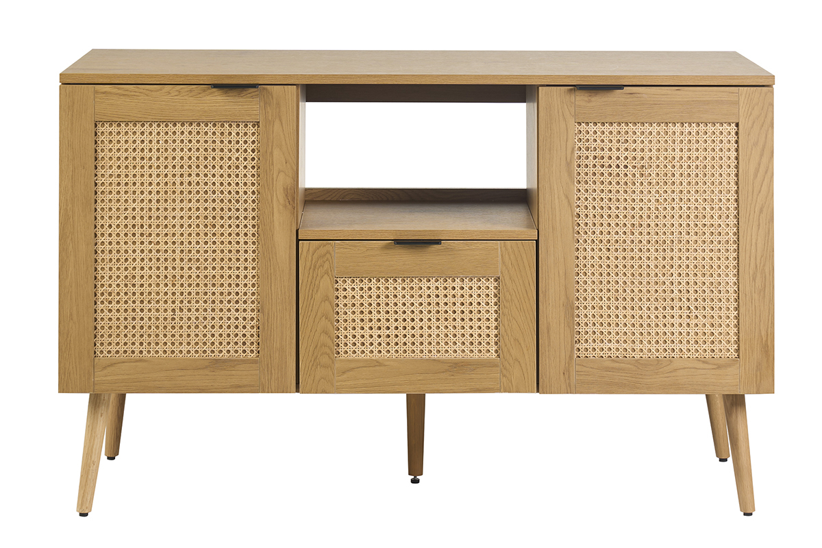 Badezimmerschrank aus hellem Holz mit Rattan-Geflecht und schwarzem Metall, Frontansicht.