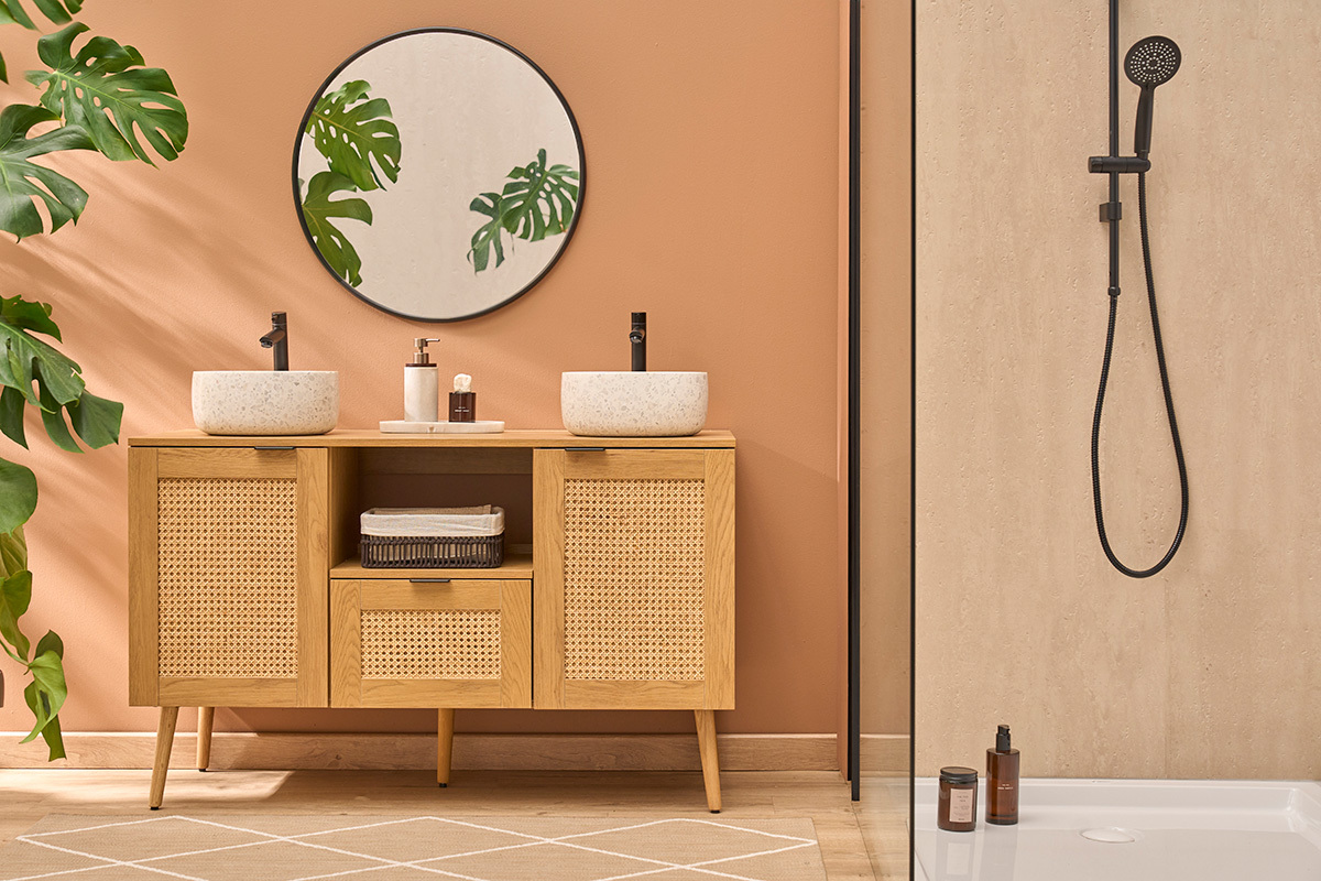 Badezimmerm�bel in heller Holzoptik, Rattangeflecht und schwarzem Metall B120 cm MANILLE