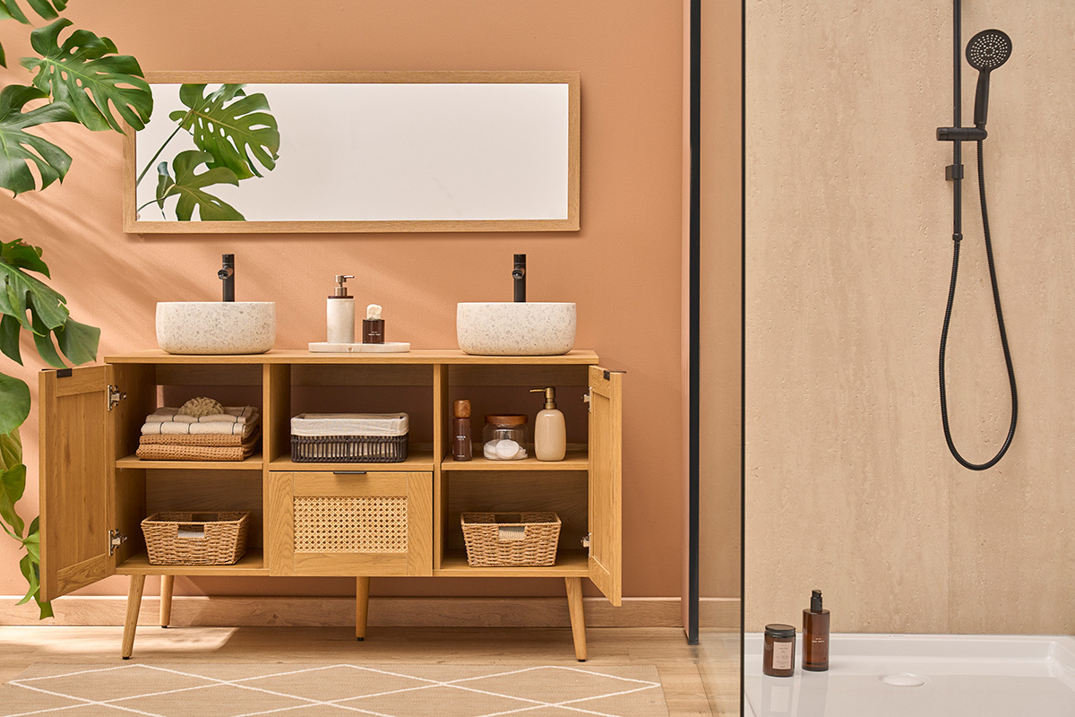 Badezimmerm�bel in heller Holzoptik, Rattangeflecht und schwarzem Metall B120 cm MANILLE