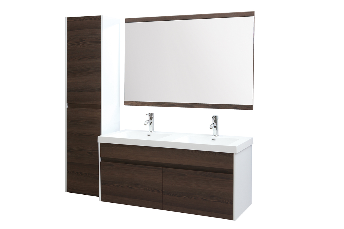 Badezimmermbel mit Doppel-Waschbecken, Spiegel und Ablageflchen Wei und dunkles Holz GANFO