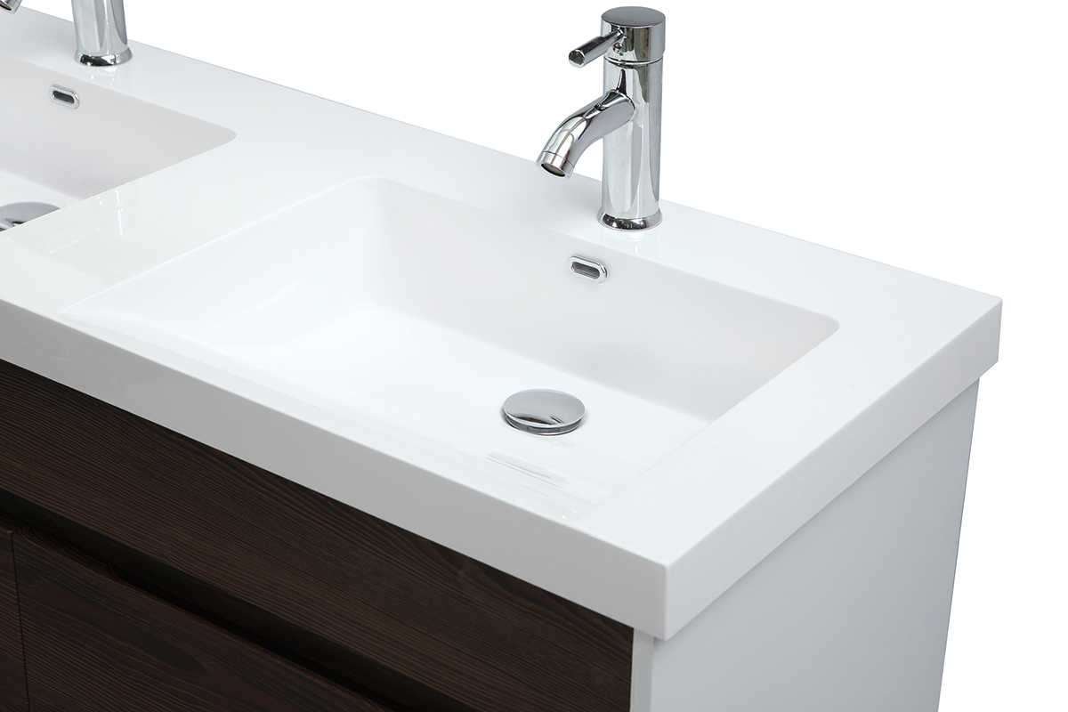 Badezimmermbel mit Doppel-Waschbecken, Spiegel und Ablageflchen Wei und dunkles Holz GANFO