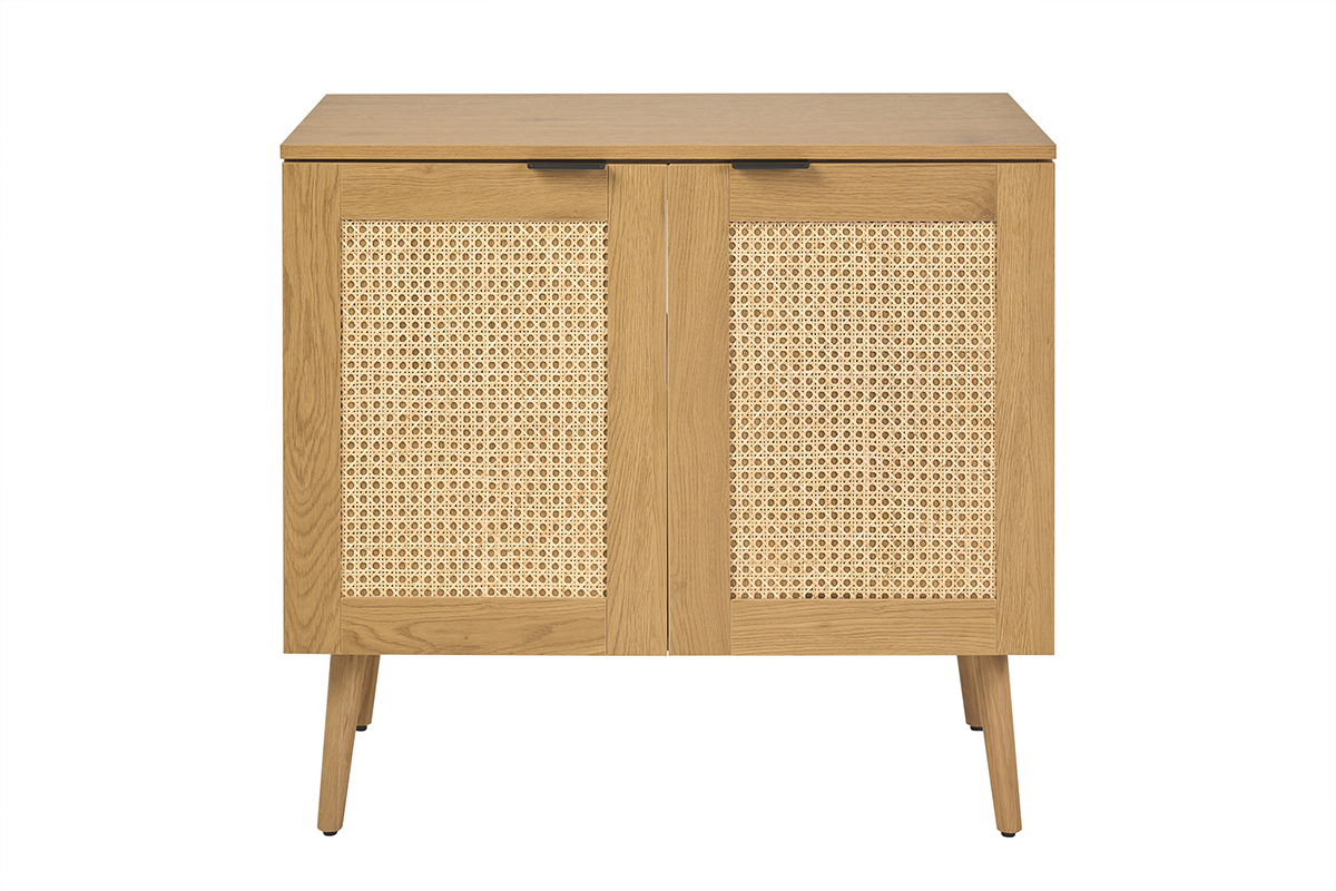 Badezimmerm�bel aus hellem Holz mit Front aus Rattan-Geflecht, Frontansicht, B80 cm.