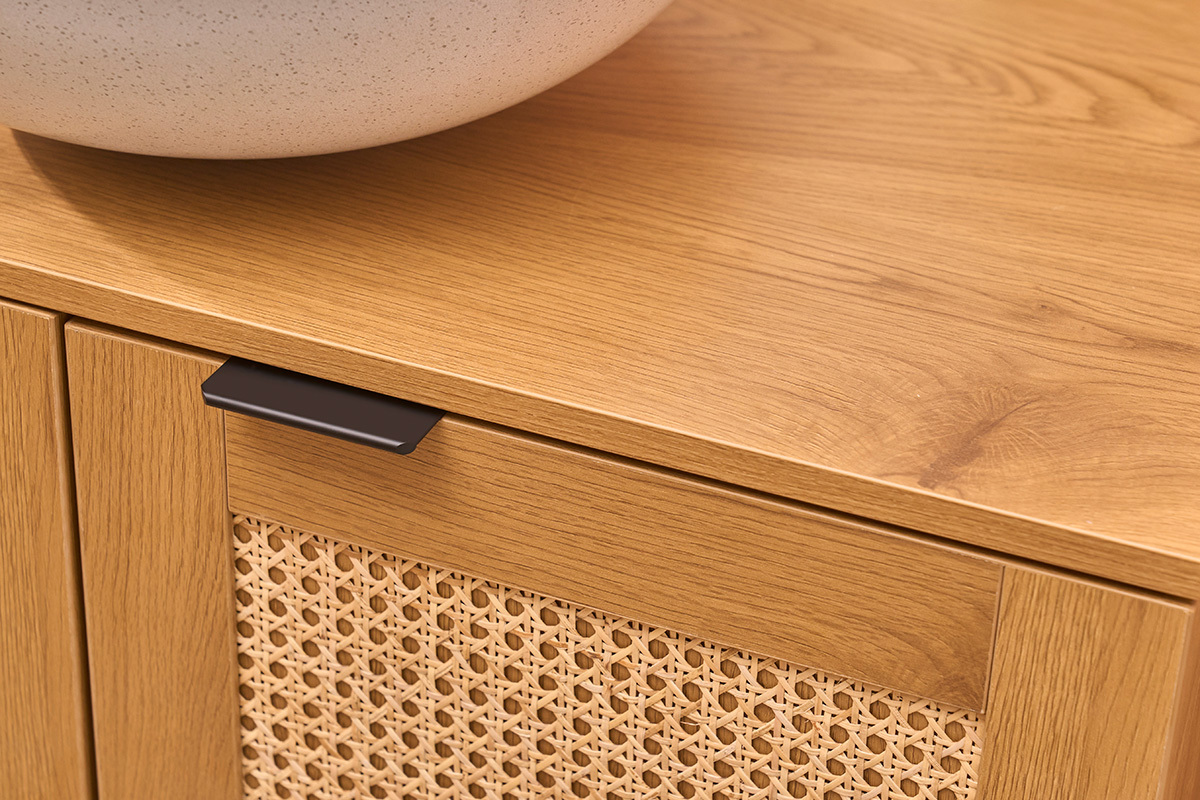 Badezimmerm�bel mit heller Holzoptik, Rohrgeflecht aus Rattan und schwarzem Metall L80 cm MANILLE