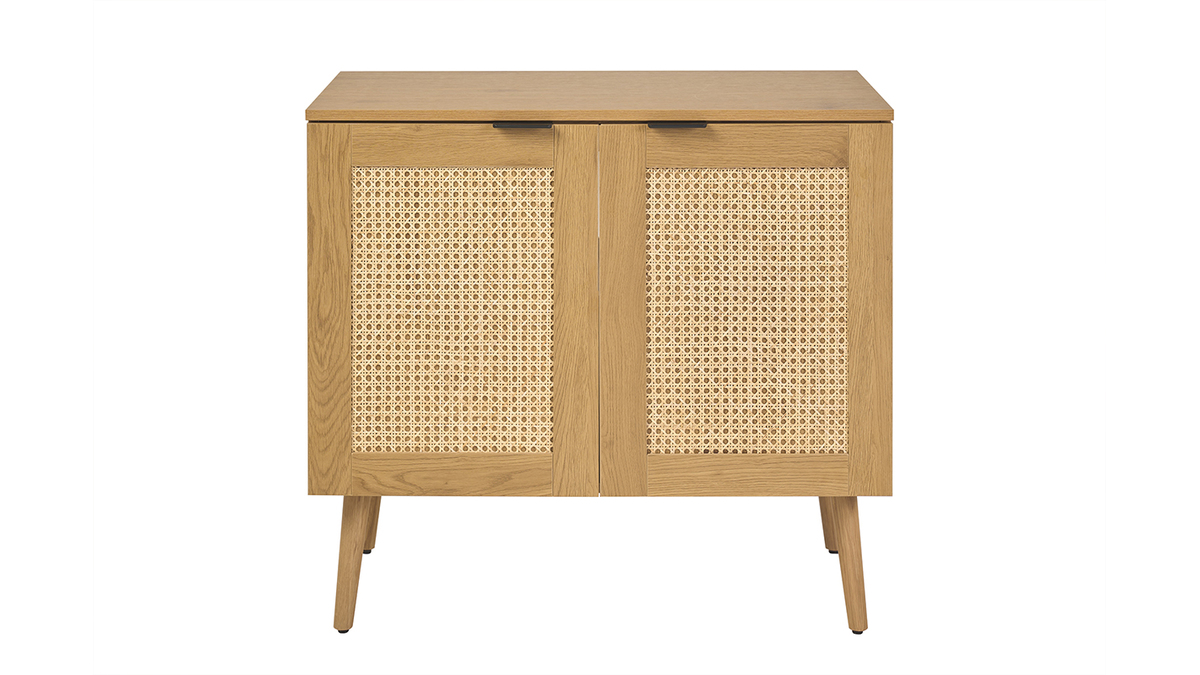 Badezimmerm�bel mit heller Holzoptik, Rohrgeflecht aus Rattan und schwarzem Metall L80 cm MANILLE