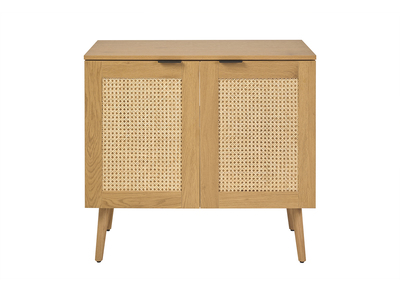 Badezimmerm&ouml;bel mit heller Holzoptik, Rohrgeflecht aus Rattan und schwarzem Metall L80 cm MANILLE