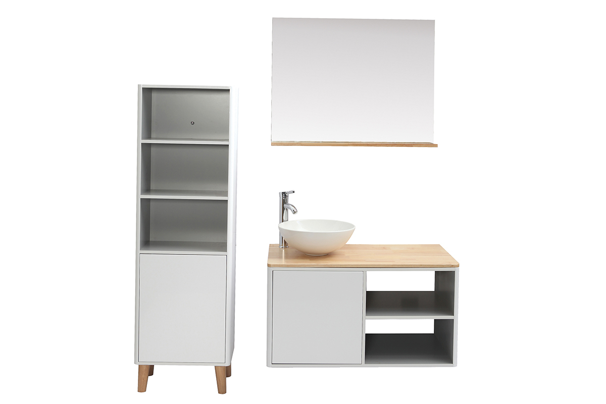 Badezimmermbel mit Sule und Spiegel MDF Wei und Holz (ohne Waschbecken) LATA