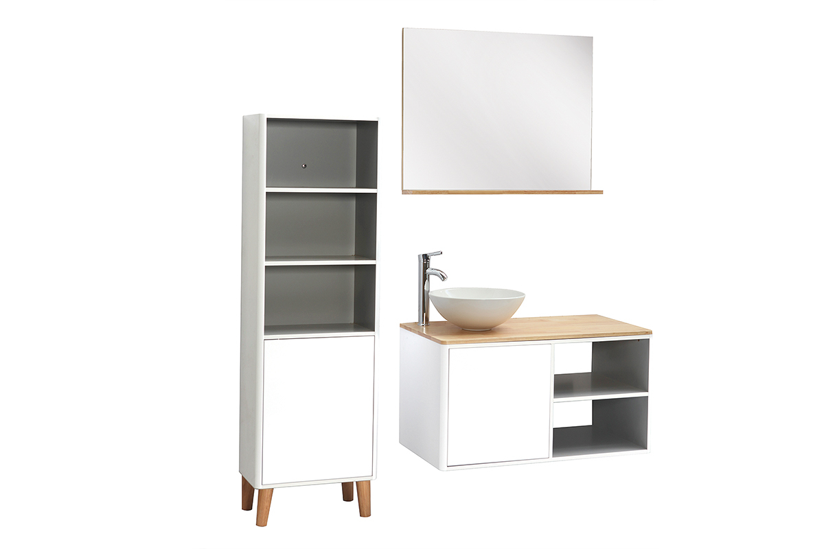 Badezimmermbel mit Sule und Spiegel MDF Wei und Holz (ohne Waschbecken) LATA